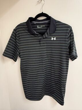 Under Armour Boys Youth XL Striped Performance Polo - Black/Gray - EUC